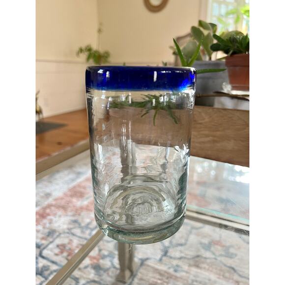 Vintage Mexican Hand Blown Cobalt Blue-Rimmed Glasses / Juice Water Glass - Picture 8 of 10